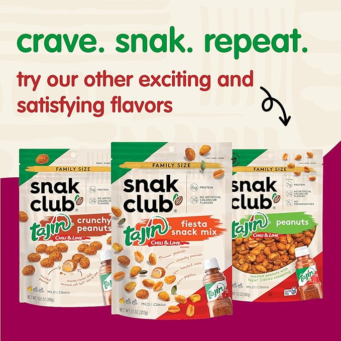 Snak Club Tajin Toasted Corn, Roasted Corn Nuggets with Chili and Lime Seasoning, Mild, Non-GMO, Gluten-Free, Kosher Snack, No Artificial Colors or Flavors, 11 oz Resealable Bags, 6 Pack