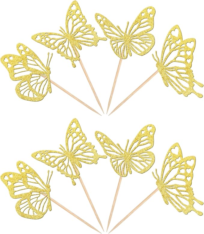 Rsstarxi 24 Pack Butterfly Cupcake Toppers Gold Glitter Assembled Butterfly Baby Shower Cupcake Picks for Wedding Engagement Bridal Shower Kids Birthday Party Cake Decorations Supplies