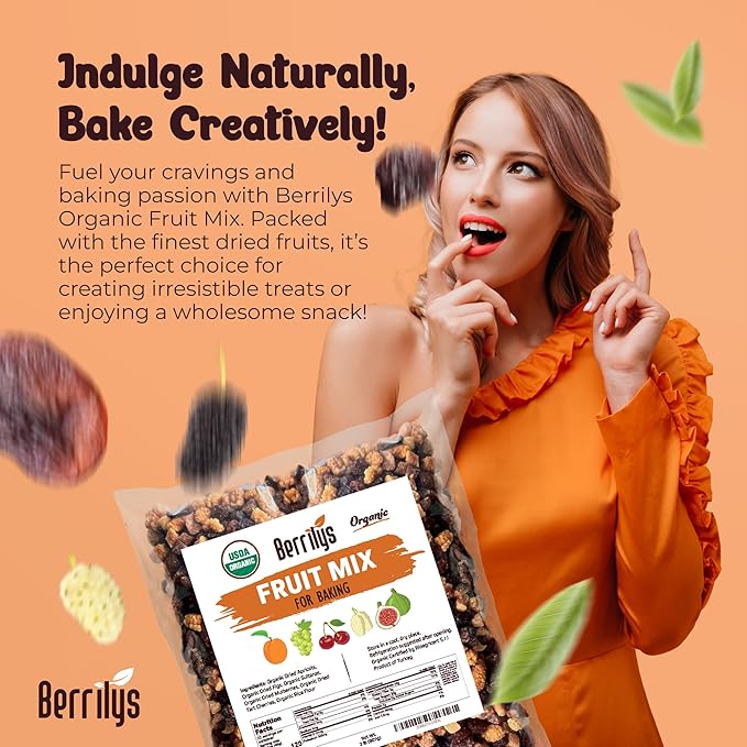 Berrilys Dried Fruit Mix, 2 Lbs, Organic, Diced Figs, Diced Apricots, White Mulberries, Sultanas, Sour Cherries, No Sugar Added, Trail Mix for Baking and Snacking