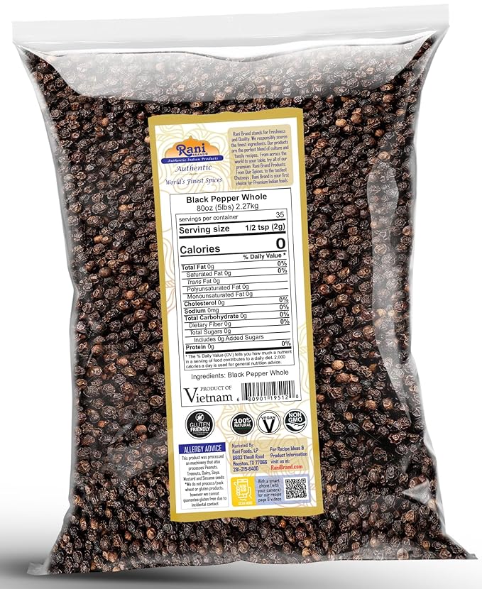 Rani Black Pepper Whole (Peppercorns), Premium MG-1 Grade 80oz (5lbs) 2.27kg Bulk ~ All Natural | Gluten Friendly | Non-GMO | Kosher | Product of Vietnam | Perfect size for Grinders!