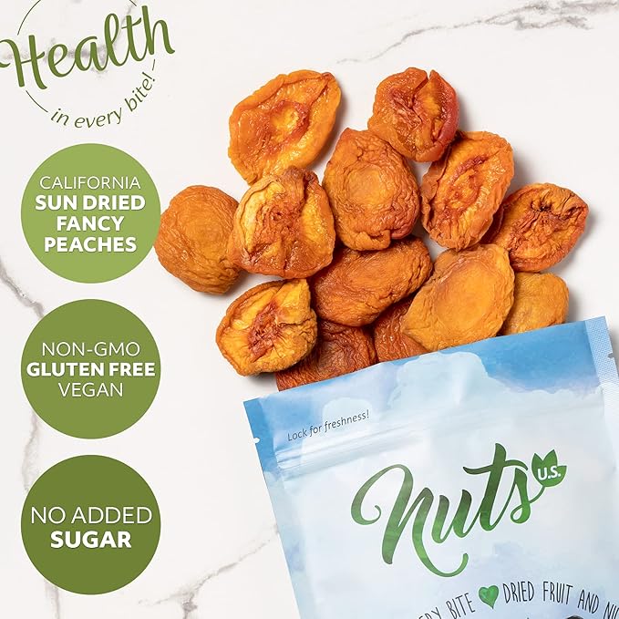 NUTS U.S. - Dried Fancy Peaches | Natural Snack | Fruity Aroma| No Added Sugar and Non GMO | Vegan and Gluten Free | Packed in a Resealable Bag!!! (1 LB)
