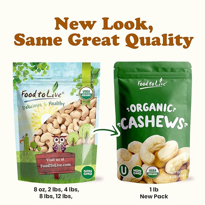 Food to Live Organic Cashews, 8 Ounces ??Whole, Size W-240, Unsalted, Non-GMO, Kosher, Raw, Vegan, Bulk