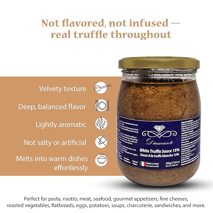 Diamante Italy White Truffle Sauce with High 15% White Truffle Content - Authentic Italian Gourmet White Truffle & Mushroom Sauce - Non GMO, Vegan & Made in Italy - 500g