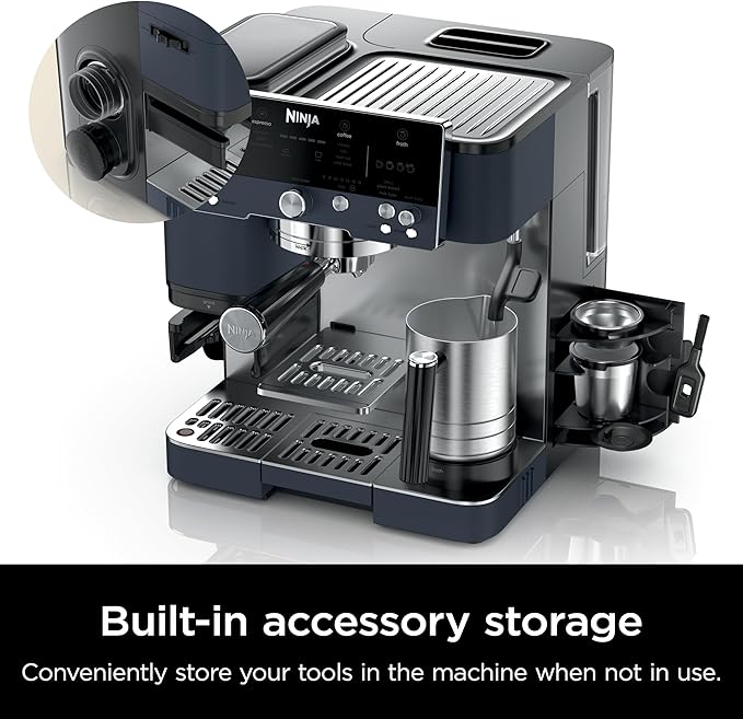 Ninja Luxe Caf챕 Premier Series, Espresso Machine, Drip Coffee Maker & Rapid Cold Brew, Integrated Grinder, Assisted Tamper, Hands-Free Frother, for Cappuccinos & Lattes, Cyberspace, ES601CY