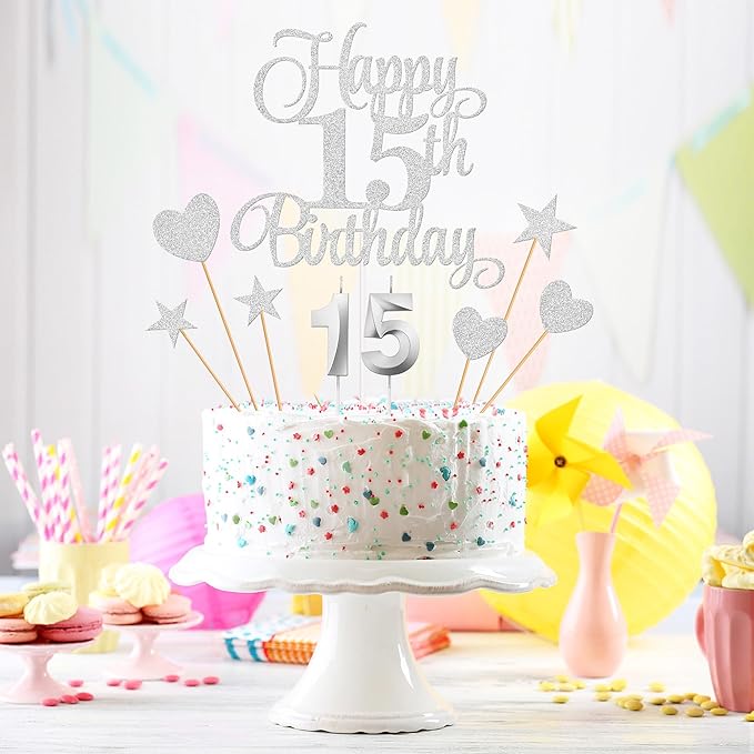 15th Birthday Cake Decorations, 15th Birthday Candles Cake Numeral Candles and Glitter Happy 15th Birthday Cake Toppers Set for Birthday Party Supplies (Silver)