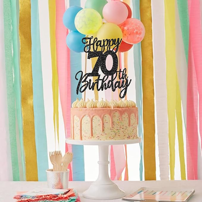 1 PCS Happy 70th Birthday Cake Topper Glitter Cheers to 70 Years Birthday Cake Pick Seventy Hello 70 Fabulous Cake Decoration for Happy 70th Birthday Anniversary Party Decorations Supplies Black