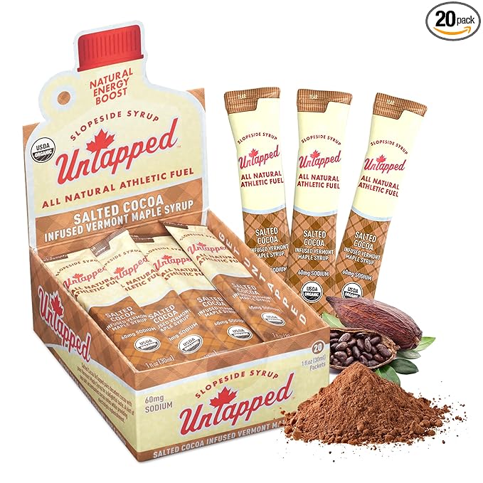 UnTapped Salted Cocoa Infused Vermont Maple Syrup Packets for Athletes, Box of 20-1 fl oz Each | Pure Maple Syrup with Rich Cocoa Extract and Sea Salt | Fuel to Keep You Running Longer