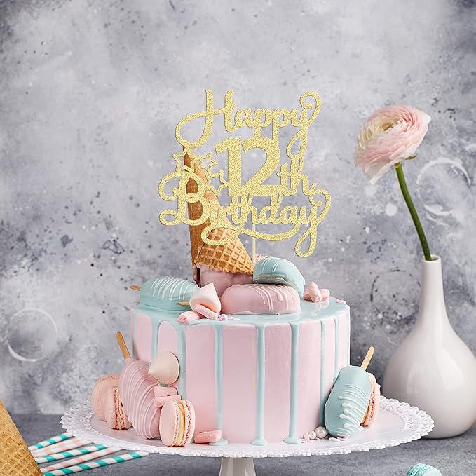 1 Pack Happy 12th Birthday Cake Topper Glitter Heart Star 12 Fabulous Cake Pick Birthday Sign Cake Decorations for Children 12th Birthday Theme Party Supplies Gold