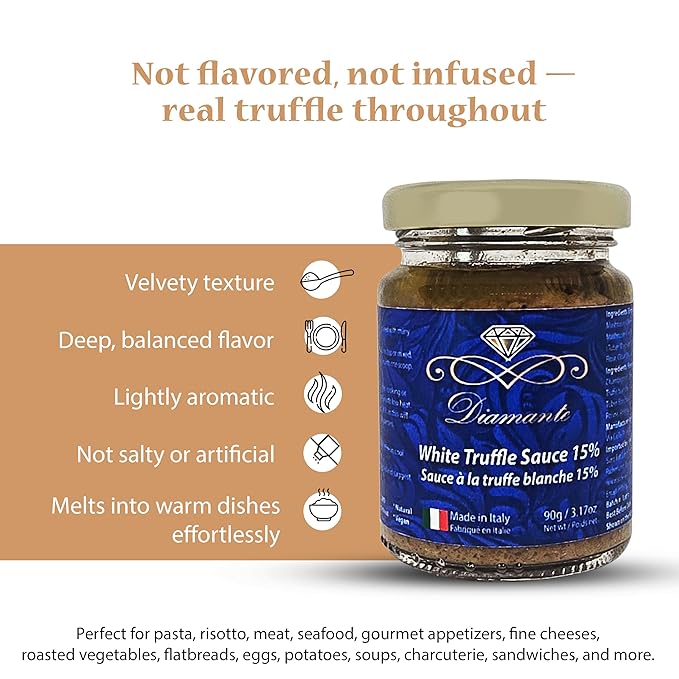 Diamante Italy White Truffle Sauce with High 15% White Truffle Content - Authentic Italian Gourmet White Truffle & Mushroom Sauce - Non GMO, Vegan & Made in Italy - 90g