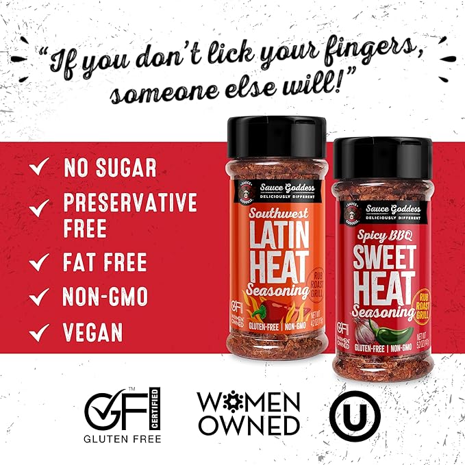 Sauce Goddess - Spicy BBQ Sweet Heat & Southwest Latin Heat Duo Premium Spices, No MSG, No Additives, Plant-Based, Shakers for Meat & Veggies - 2-Pack