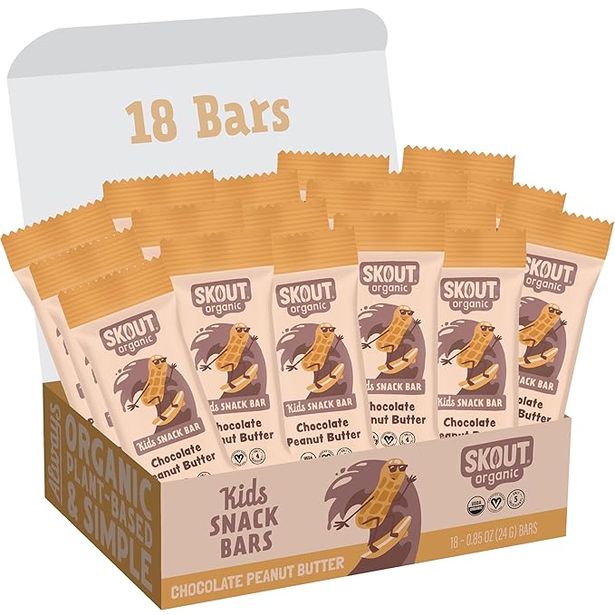 Skout Organic Chocolate Peanut Butter Kids Snack Bars (18 Pack) | Organic Kids Snack Bars | School Snacks & Lunch Snacks | No Refined Sugar | Vegan & Paleo | Gluten, Dairy, Grain Free