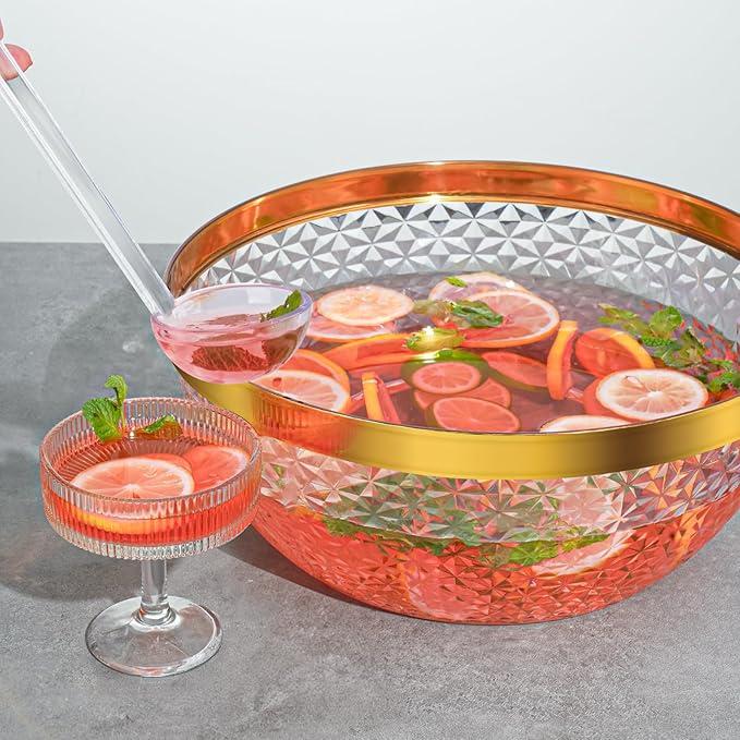 NiHome Plastic Punch Bowl with Ladle and Tong for Parties, Weddings, BBQs, 1.4 Gallon Gold Trim Clear Beverage Serving Bowl Complete Set for Cocktails, Salads, Snacks, Easy to Clean