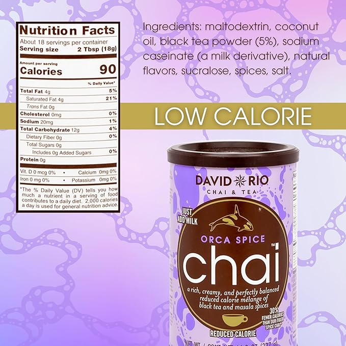 Reduced Calorie Orca Spice + Decaf Flamingo Vanilla Chai Tea Latte Mix (2 Pack) Decaf Black Tea, Organic Spices, Dairy Free, Serve Hot or Cold, Just Add Water or Milk