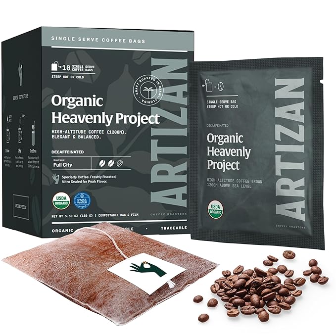 Artizan Organic Single-Serve Heavenly Project Swiss Water Decaf Coffee Bags | Full City Plus Roast | 20 Count | No Equipment Needed | Specialty-Grade Craft Roasted, Nitro-Sealed, Compostable
