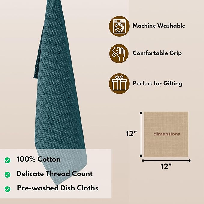 Native Fab Waffle 18 Pack Dish Cloths - Cotton, 12x12 inches, Absorbent, Quick Drying, Washable Towels for Cleaning, Cooking & Baking - Ideal for Home, Restaurants, Bars & Multi Use - Teal Green