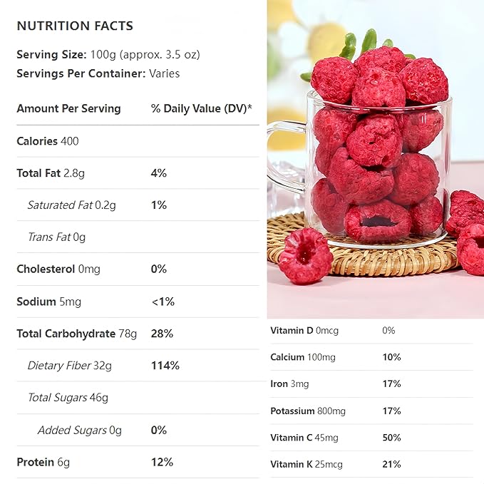 Premium Freeze-Dried Raspberries 4oz (110g) - Whole Berry Crunch, No Sugar Added | Perfect for Baking, Yogurt, Cocktails & Snacking