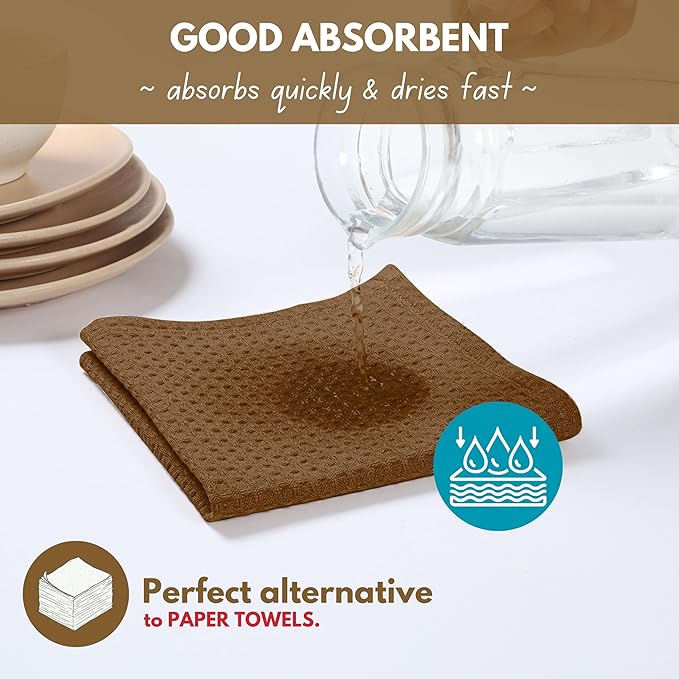 Native Fab 6 Pack Waffle Dish Cloths -100% Cotton, Absorbent, Quick Drying & Soft Towels for Cleaning, Cooking & Drying Dishes - Perfect for Home, Restaurants & Bars, 12" x 12" - Brown
