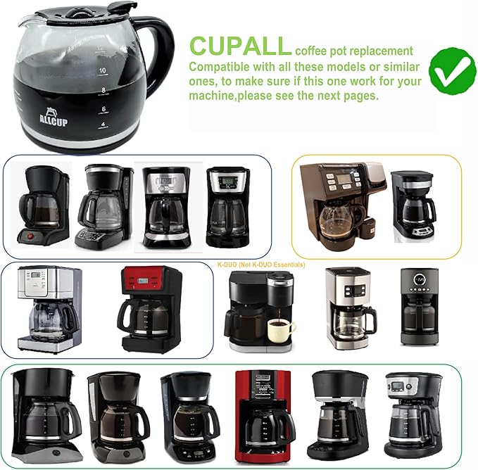 12-CUP Glass Replacement Coffee Carafe Compatible with Mr. Coffee, Black & Decker, Cuisinart and More, Black Close Handle