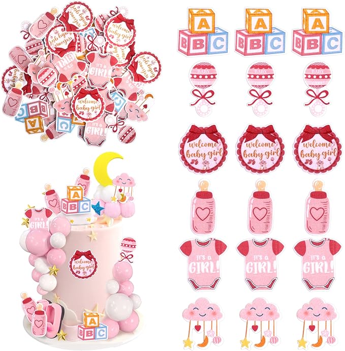 60 PCS Edible Oh Baby Cupcake Toppers Pacifier Cloud Moon Star Welcome Baby Girl Cupcake Picks Edible Baby Shower It's a Girl Cake Decorations for Baby Shower Girls Birthday Party Supplies Pink