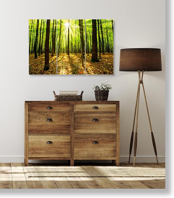 Forest Wall Art Decor - 3 Piece Set, Decorative Framed Green Tree Canvas Art Multi Panel Split Prints for Living Room, Kitchen, Bedroom, Office & Home Decor Gift