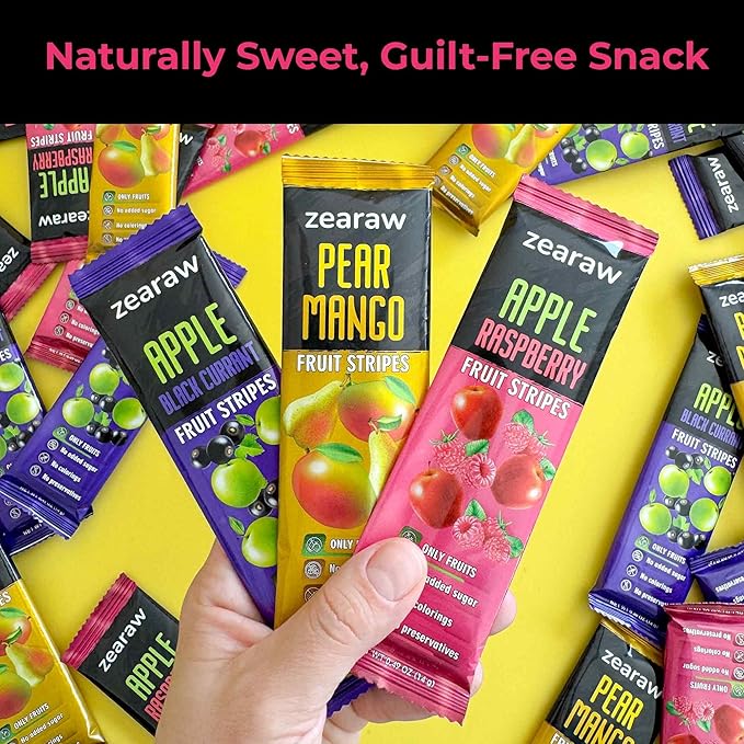 ZEARAW Healthy Fruit Snacks for Adults and Kids ??30 Organic Fruit Leather with Dried Black Currant, Pear-Mango, Apple-Raspberry ??Vegan Low-Carb Variety Pack Strips for Kids ??Sugar Free Bars