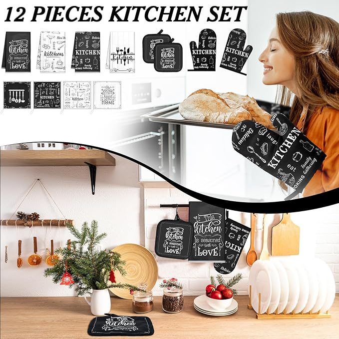 Bencailor 12 Pcs Farmhouse Kitchen Decor Sets, 8 Black Kitchen Dish Towels 2 Pot Holders 2 Oven Mitts Glove, Rustic Hand Towels and Dishcloths Sets for Home Decorations Accessories Christmas Mom Gifts
