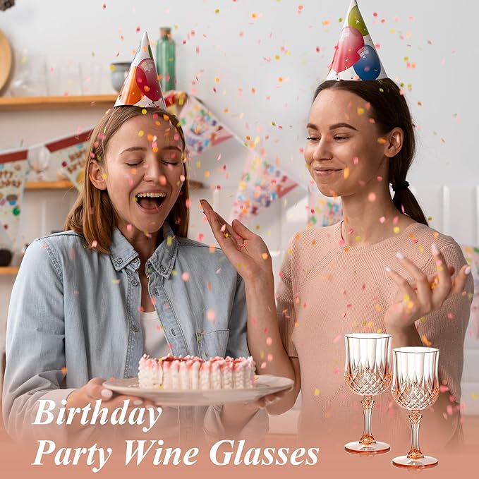 XUWAIDSGN 24 Pcs 7oz Plastic Vintage Wine Glasses Drinking Glasses Unbreakable Wedding Glassware Crystal Water Goblets Reusable Drinkware Vintage Champagne Flutes (24, Pink)
