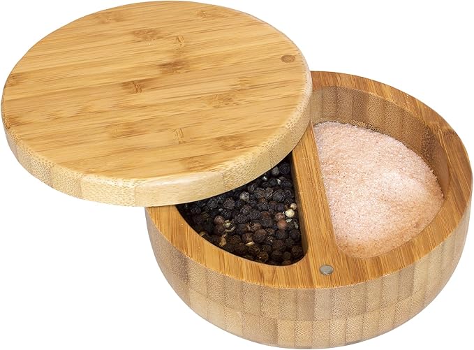 Totally Bamboo Salt Keeper Duet Salt and Pepper Bowl, Cellar and Storage Box with Two Compartments, Magnetic Swivel Lid