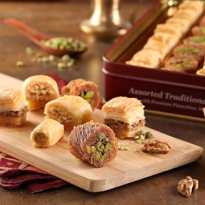 Zalatimo Sweets Since 1860 Shortbread Cookies Variety Pack, 100% All Natural Slightly Sweet, Square Metal Gift Tin, No Corn Starch, No Syrups! Assorted Baklava, Mamoul, Sesame & Butter (Pack of 3)