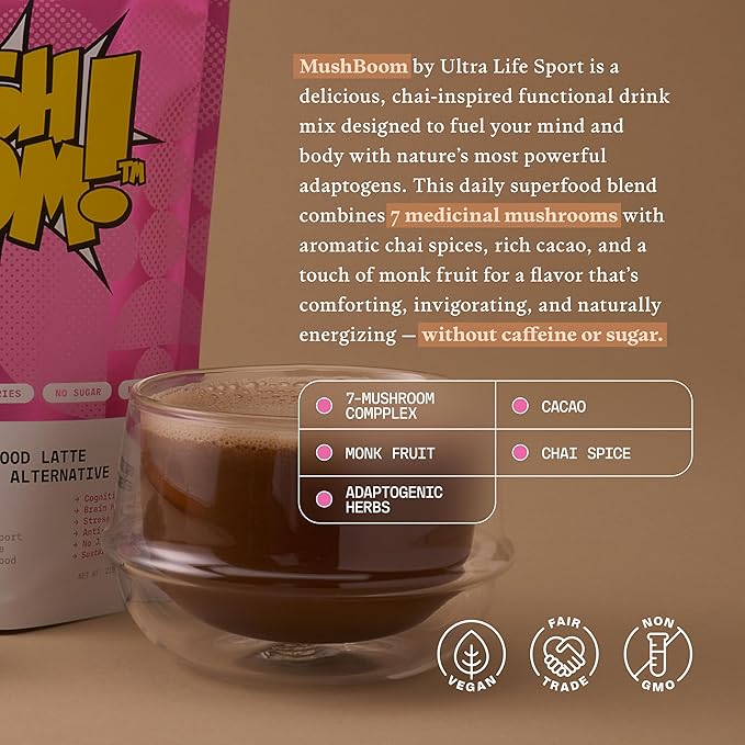 Ultra Life Sport - MushBoom Organic Mushroom Coffee Alternative Drink - 30 Servings 7 Mushroom Cacao Blend - Cordyceps, Lion’s Mane, Chaga, Maitake, Shiitake, Reishi & Turkey Tail - Caffeine Free