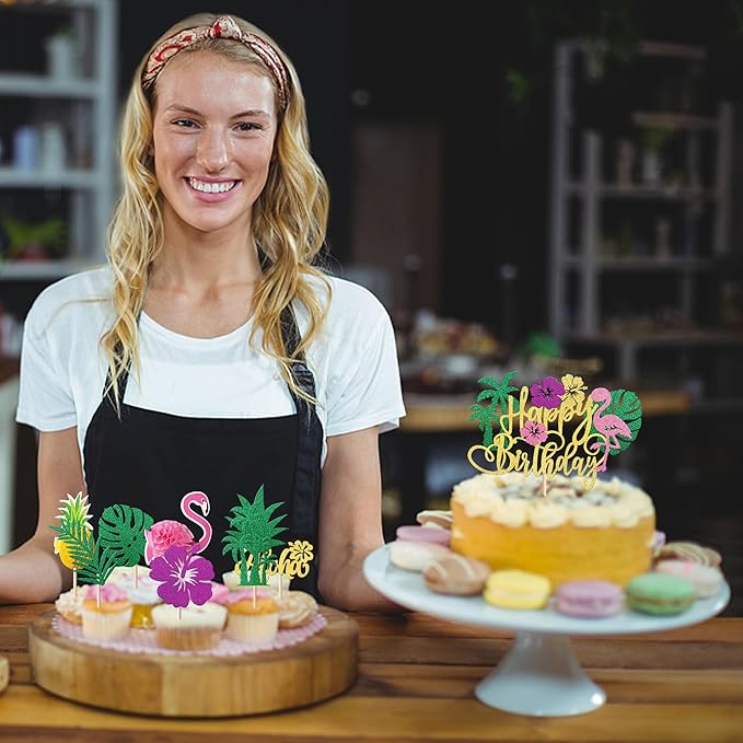 Rsstarxi 25 Pack Tropical Luau Cupcake Toppers with Happy Birthday Flamingo Cake Topper Palm Tree Flamingo Pineapple Cupcake Picks Decorations for Summer Beach Hawaiian Luau Birthday Party Decoration
