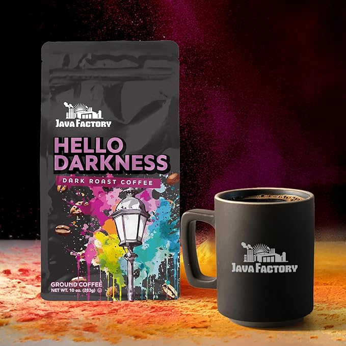Java Factory Hello Darkness Flavored Ground Coffee Bag ??Extra Bold Dark Roast Brew, Made with 100% Arabica Beans, 10 Oz