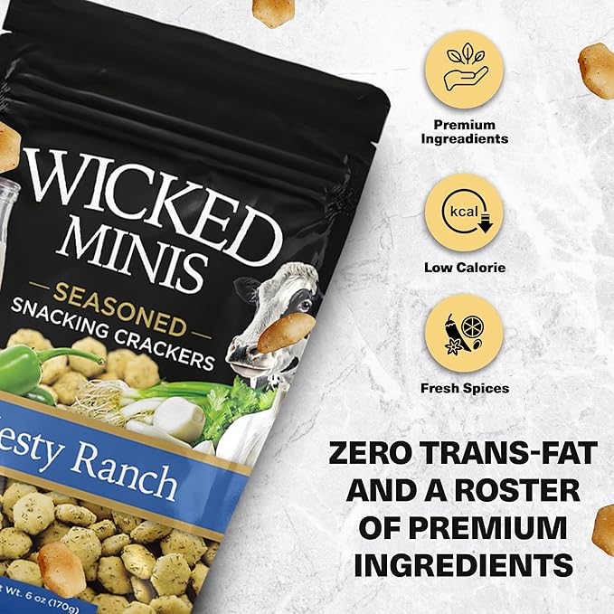 Wicked Minis Soup & Oyster Crackers - Saltine Soup Crackers Salted Flavored Mini Puffed Savory Snacking Mix, Salad Toppers, Seasoned Croutons for Chili 6oz (Zesty Ranch Pack of 3)