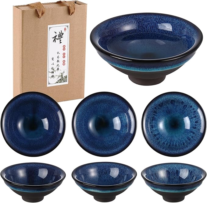 Skyley 6 Pieces Korean Soju Shot Glasses Sets Porcelain Cups Korean Ceramic Cups Tea Accessories Drinkware, Handcrafted Ceramic(Blue,Starry Sky Pattern)