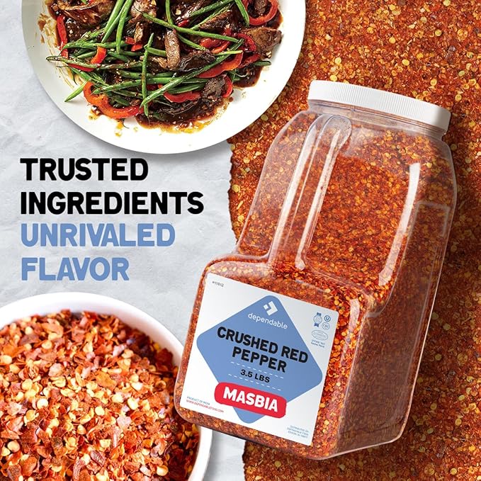 Dependable Food Crushed Red Pepper Flakes - 3.5 Lb. Container - Bulk Size - Kosher Spice Seasoning for Chefs & Culinary Enthusiasts Adds Heat & Depth to Pizza, Pasta, Stir-Fries - Non-GMO & Allergen-Free
