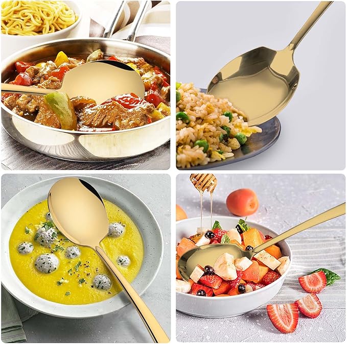Large Serving Spoons Set Stainless Steel 12 Inch Slotted Spoon and Serving Spoon Serving Utensils for Buffet Catering Dishwasher Safe(2-pieces, Gold)