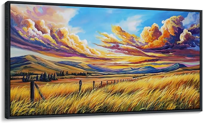 QZQCBLC Large Framed Wall Art, Rustic Grass Mountain Clouds Yellow and Blue Fall Landscape Canvas Print Wall Pictures Paintings Artwork for Living room Bedroom Home Office Artwork Decor 29x58 IN