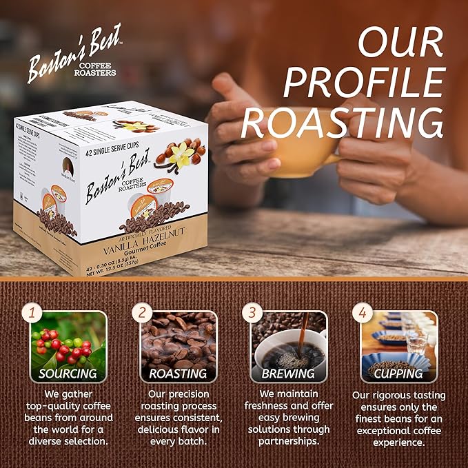 Bostonโs Best - Vanilla Hazelnut Delicious Medium Roast Coffee, Flavored Gourmet Compatible with Keurig Coffee Maker, 1 Count (42 Single Serve Cups)
