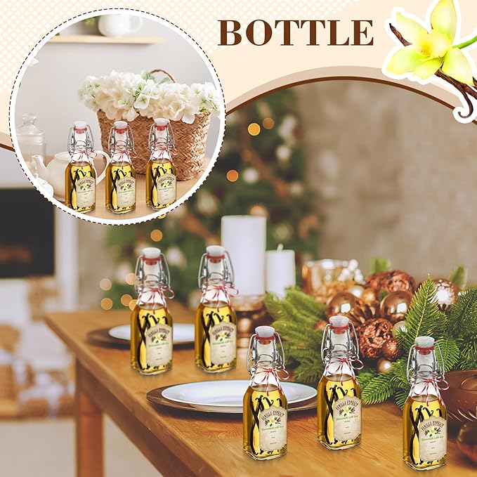 Uiifan 12 pcs 4 oz Swing Top Clear Square Glass Bottles For Vanilla Extract with Caps and Cotton Twines Label Flip Top Glass Beer Bottle for Home Vanilla Brew Oil Vinaigrettes Beer Tea Supply