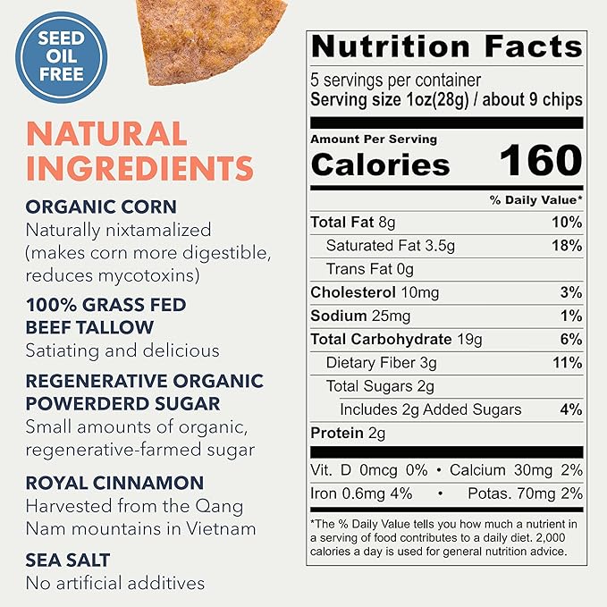 MASA Tortilla Chips - Churro Chips - No Seed Oil Snacks - Corn TortillaChips - Made with Grass Fed Beef Tallow, Powdered Sugar, Royal Cinnamon,Sea Salt - Sweet and Salty Snacks - 6 Pack - 5 oz/Pack
