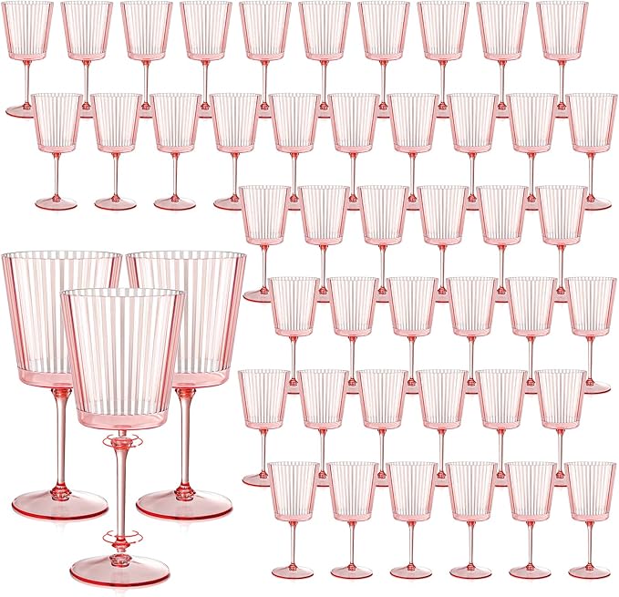 48 PCS Pink Plastic Wine Glasses with Removable Stems 13.5 Oz Pink Ribbed Wine Glasses Square White Wine Glass Muted Pastel Colors Goblets Elegant Fluted Glassware for Wedding Anniversary Birthday