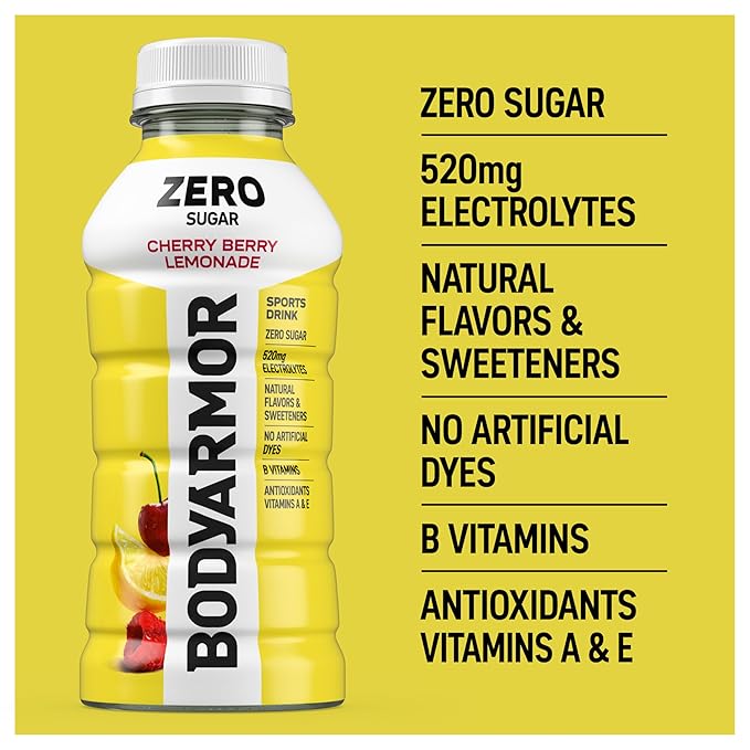 BODYARMOR ZERO Sugar Cherry Berry Lemonade, Sugar Free Sports Drink - Low-Calorie Hydration - Natural Flavors with Potassium Packed Electrolytes, Antioxidants, and B-vitamins,12 fl oz (pack of 8)
