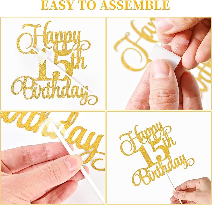 15th Birthday Cake Decorations, 15th Birthday Candles Cake Numeral Candles and Glitter Happy 15th Birthday Cake Toppers Set for Birthday Party Supplies (Gold)