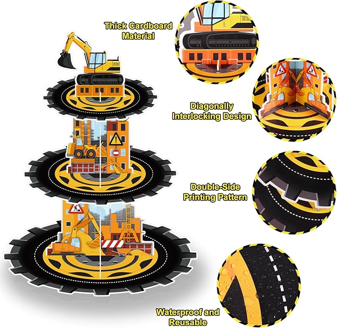 2 Pack Construction Cupcake Stand Construction Party Decorations 3 Tier Construction Cupcake Holder Dessert Stand for Boys Kids Baby Shower Birthday Party Supplies