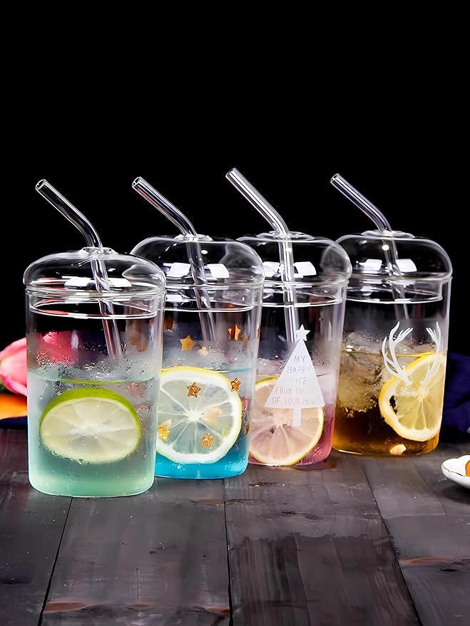 2 Pcs Drinking Glasses with Glass Lids and Glass Straw 16oz Glassware Set,Iced Coffee Glasses,Ideal for Water,Soda,Tea,Gift - with Cleaning Brushe