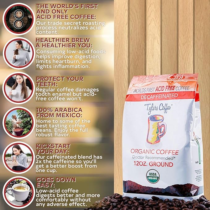 Tyler?™s Acid Free Organic Ground Coffee - 100% Arabica Full Flavor Decaf - For Acid Free Diets - Natural Whole Bean and Organic Blend for Common GI Issues -12 oz