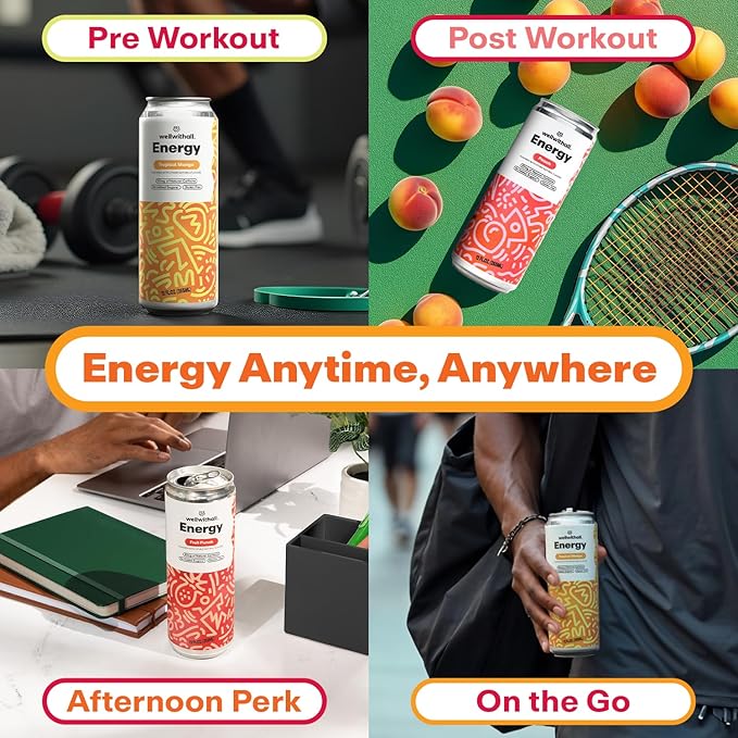 WellWithAll Energy Drink Variety Pack ??Fruit Punch, Tropical Mango, and Peach Flavors ??Caffeine from Tea ??With Vitamin C ??Lightly Sparkling Beverage ??Fruit & Veggie Juice Blend ??12 Oz (Pack of 12 ??4 Cans of Each Flavor )