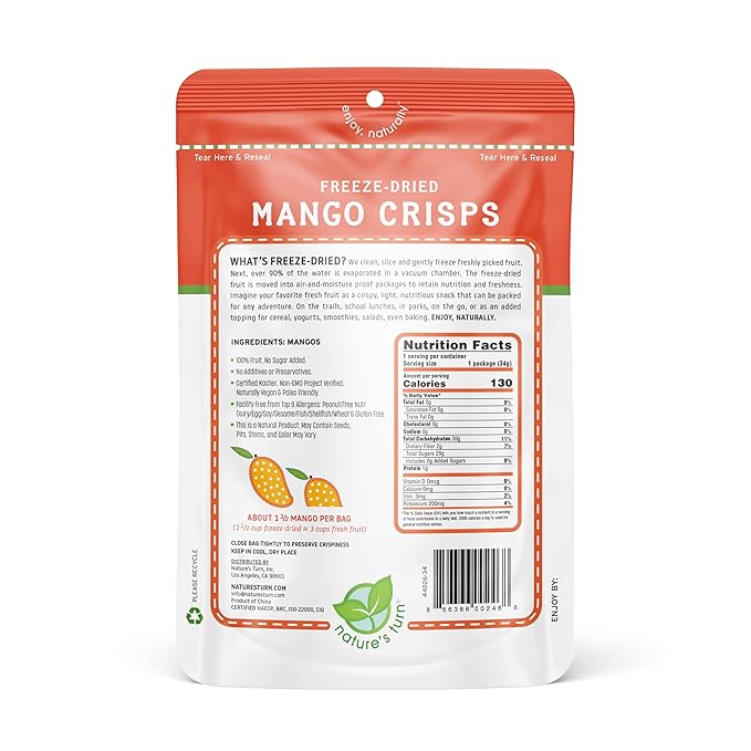 Nature's Turn Freeze-Dried Fruit Snacks, Mango Crisps, Pack of 6 (1.2 oz Each)