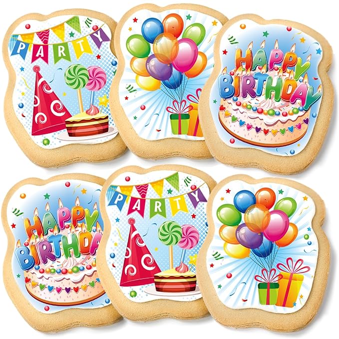 Happy Birthday Cookies Decorated Gift Basket Large 6 pack | Individually Wrapped Sugar Cookie Jumbo with Icing Cake Party | Nut-Free Kosher