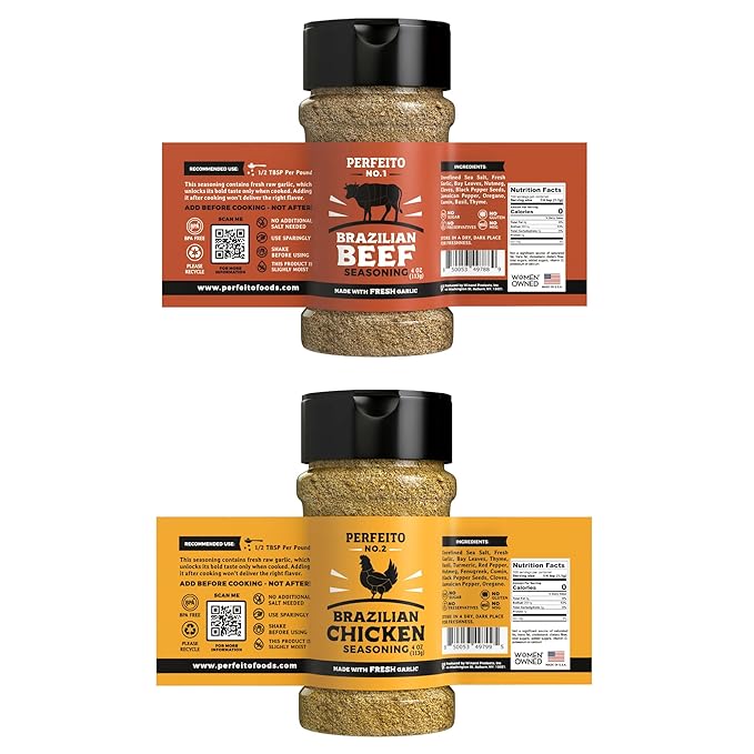 Brazilian Gourmet Seasoning Set for Meat & Poultry - 2 Units – Fresh Garlic, Gluten-Free Blend, Sugar Free, No Preservatives, Premium, Rich Flavor, PERFEITO NO.1 and NO.2